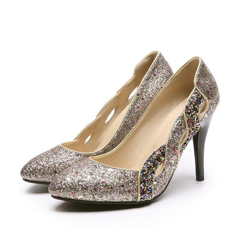 Elegant Pointed Toe Shallow Glitter Bling Heel Pump Shoes