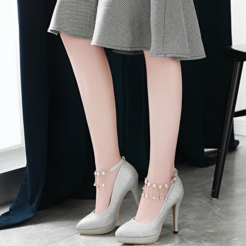 Smart High Heel Ankle Strap String Bead Pump Shoes