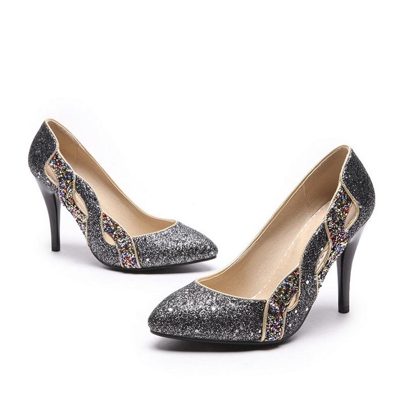 Elegant Pointed Toe Shallow Glitter Bling Heel Pump Shoes