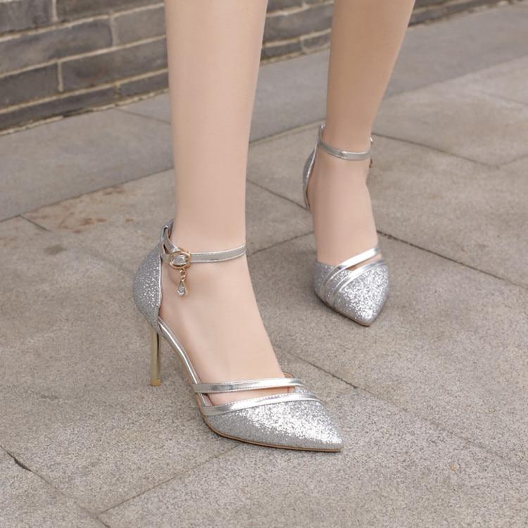 Bling Crystal Pencil Heels Ankle Strap Pumps Sandals