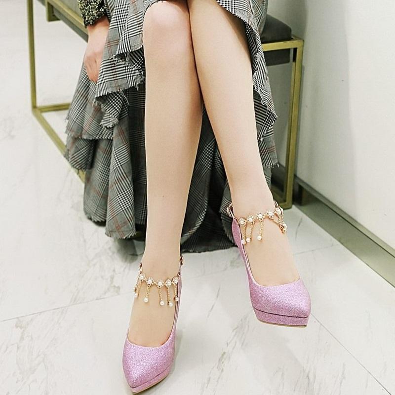 Smart High Heel Ankle Strap String Bead Pump Shoes