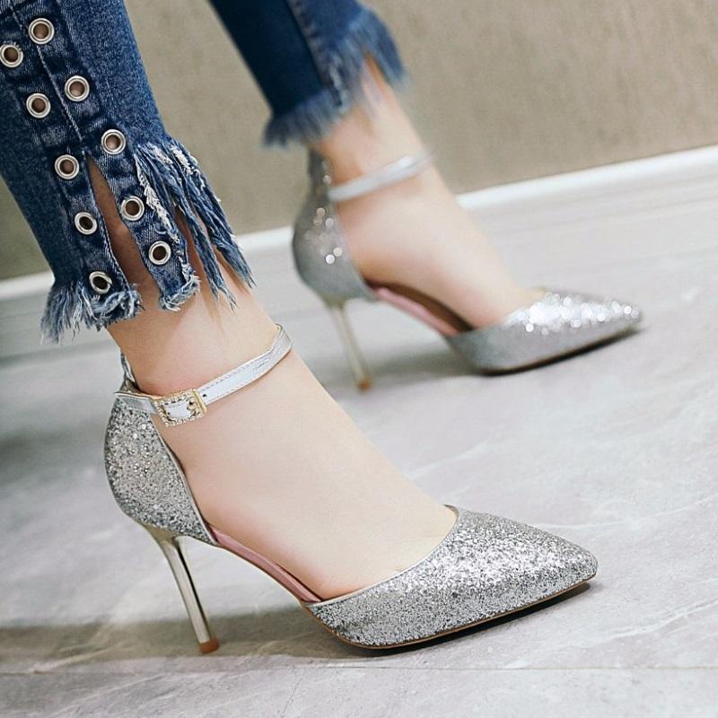 Classy Bling PU Ankle Strap Sexy High Heel Pumps Shoes