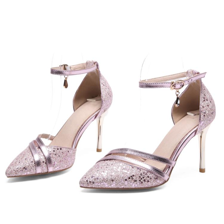 Bling Crystal Pencil Heels Ankle Strap Pumps Sandals
