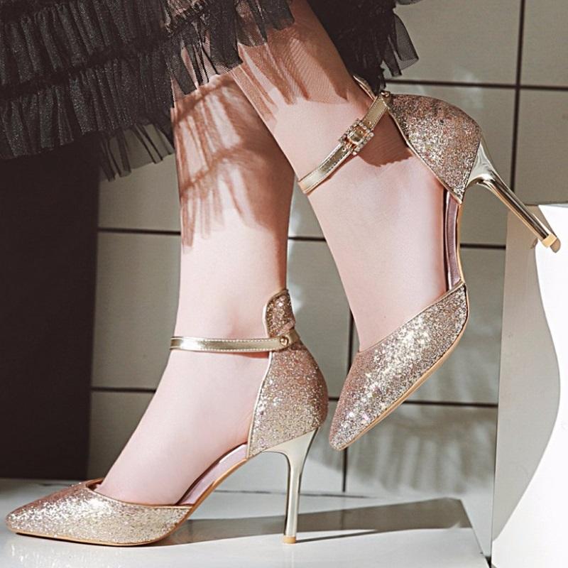 Classy Bling PU Ankle Strap Sexy High Heel Pumps Shoes
