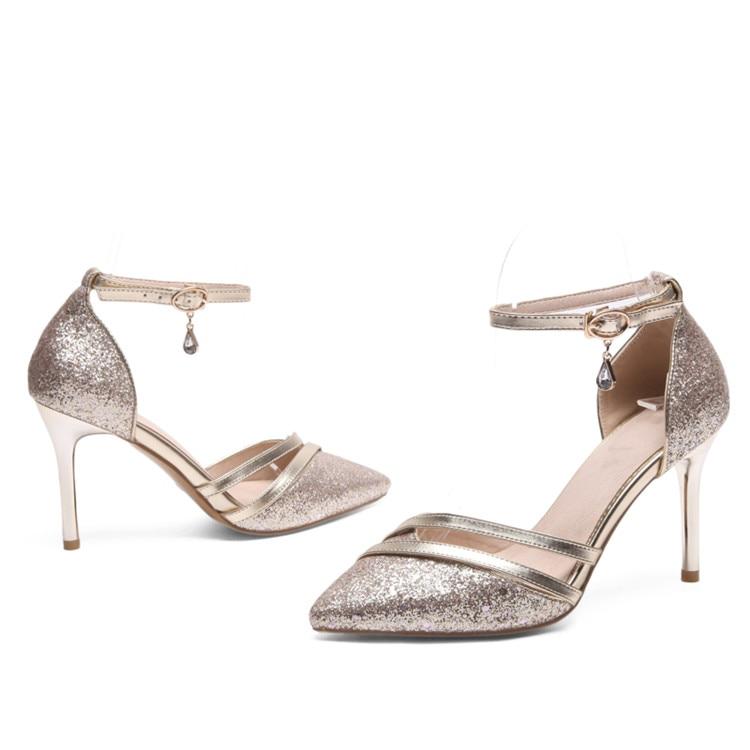 Bling Crystal Pencil Heels Ankle Strap Pumps Sandals