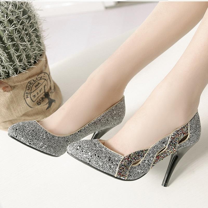 Elegant Pointed Toe Shallow Glitter Bling Heel Pump Shoes