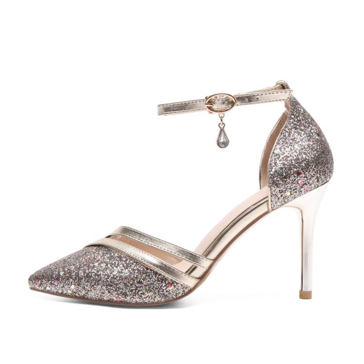 Bling Crystal Pencil Heels Ankle Strap Pumps Sandals