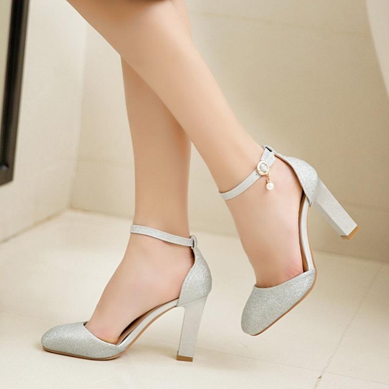 Sexy Glitter Ankle Strap Square High Heels Pumps Sandals