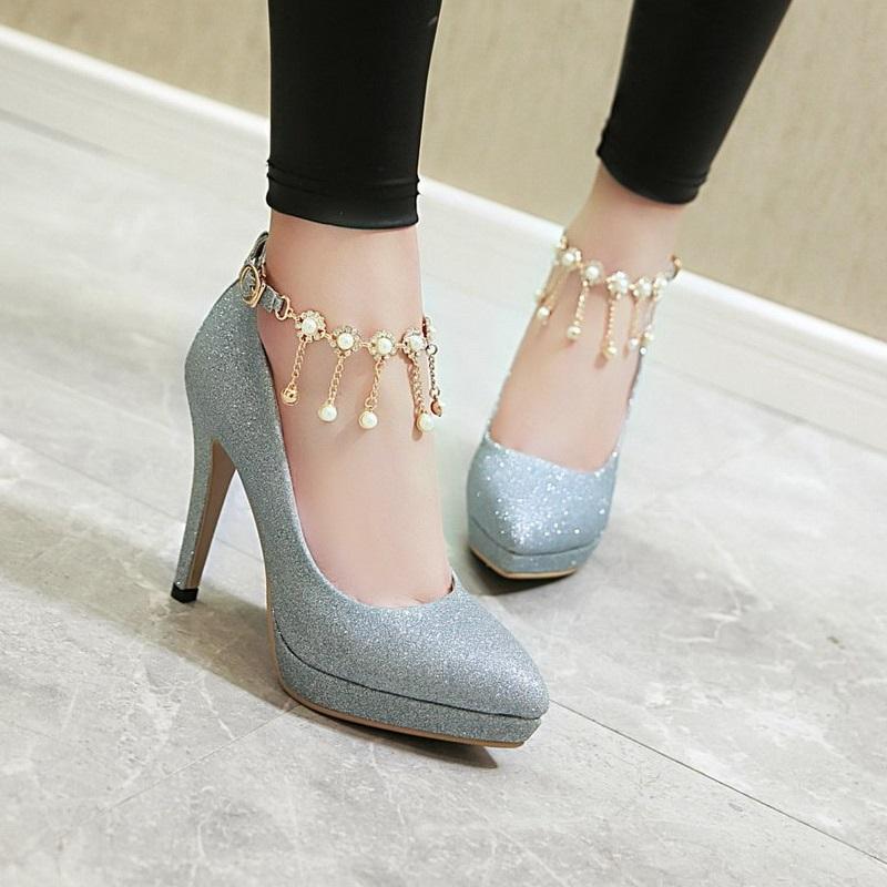 Smart High Heel Ankle Strap String Bead Pump Shoes