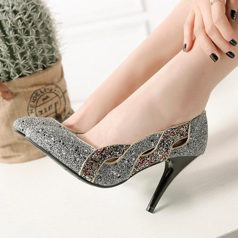 Elegant Pointed Toe Shallow Glitter Bling Heel Pump Shoes