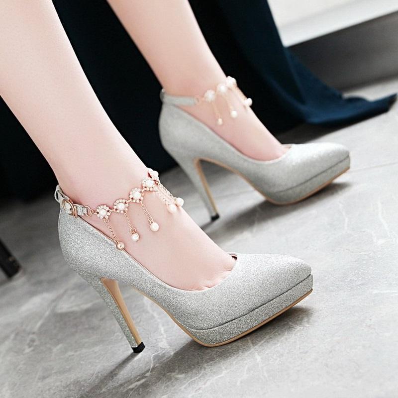 Smart High Heel Ankle Strap String Bead Pump Shoes