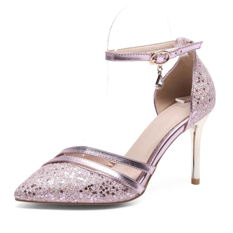 Bling Crystal Pencil Heels Ankle Strap Pumps Sandals