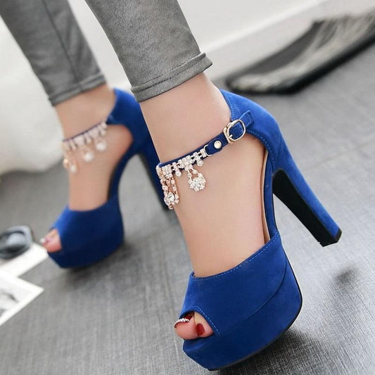 Peep Toe Rhinestone Crystal High Heels Pump Shoes