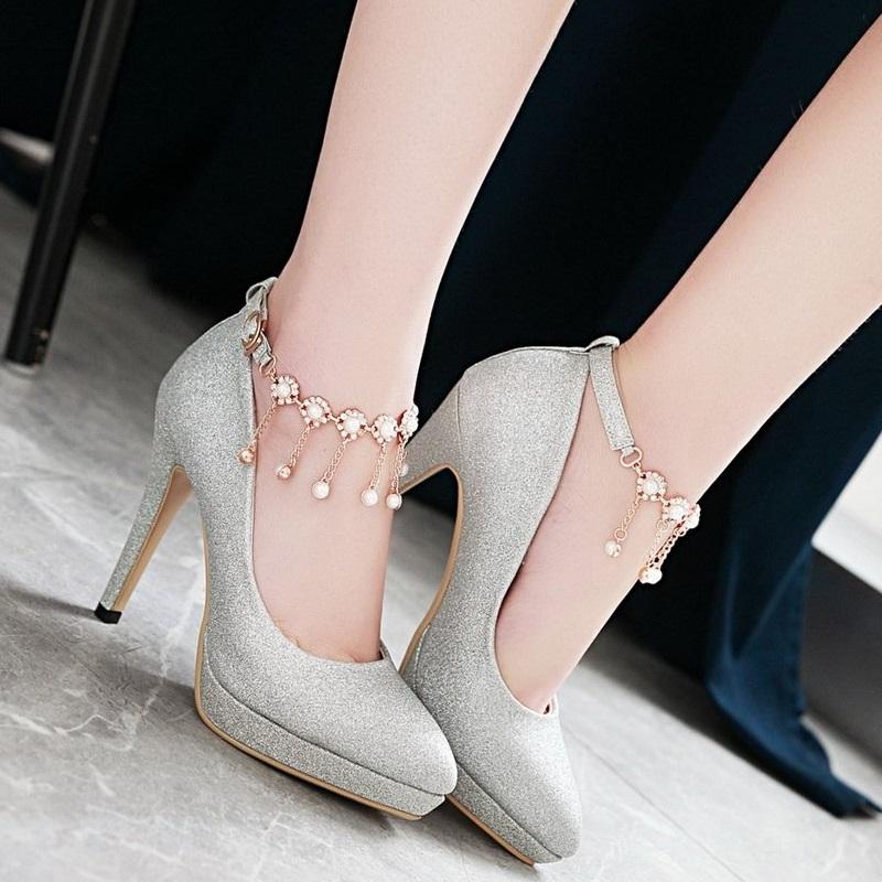 Smart High Heel Ankle Strap String Bead Pump Shoes
