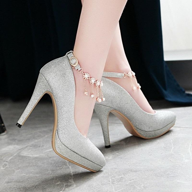 Smart High Heel Ankle Strap String Bead Pump Shoes