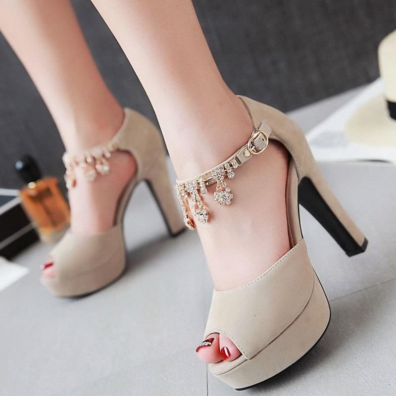 Peep Toe Rhinestone Crystal High Heels Pump Shoes