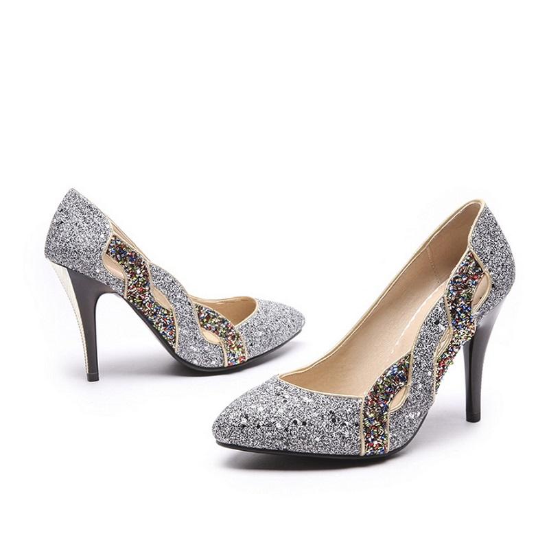 Elegant Pointed Toe Shallow Glitter Bling Heel Pump Shoes
