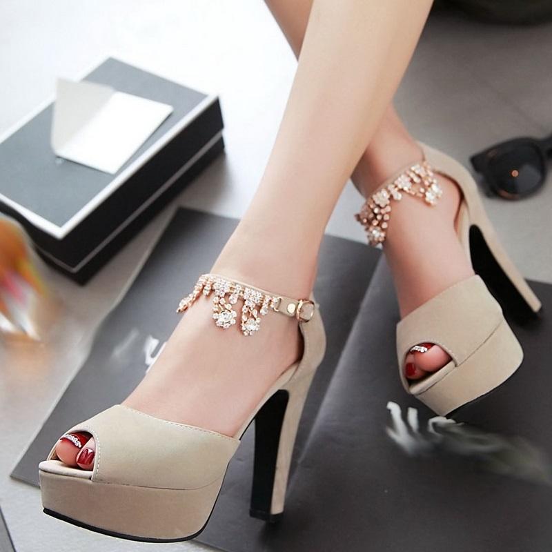 Peep Toe Rhinestone Crystal High Heels Pump Shoes