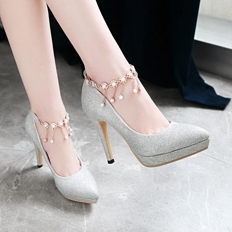 Smart High Heel Ankle Strap String Bead Pump Shoes