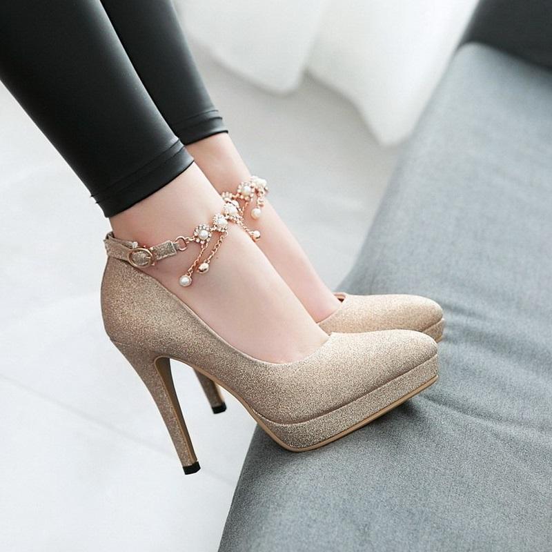 Smart High Heel Ankle Strap String Bead Pump Shoes