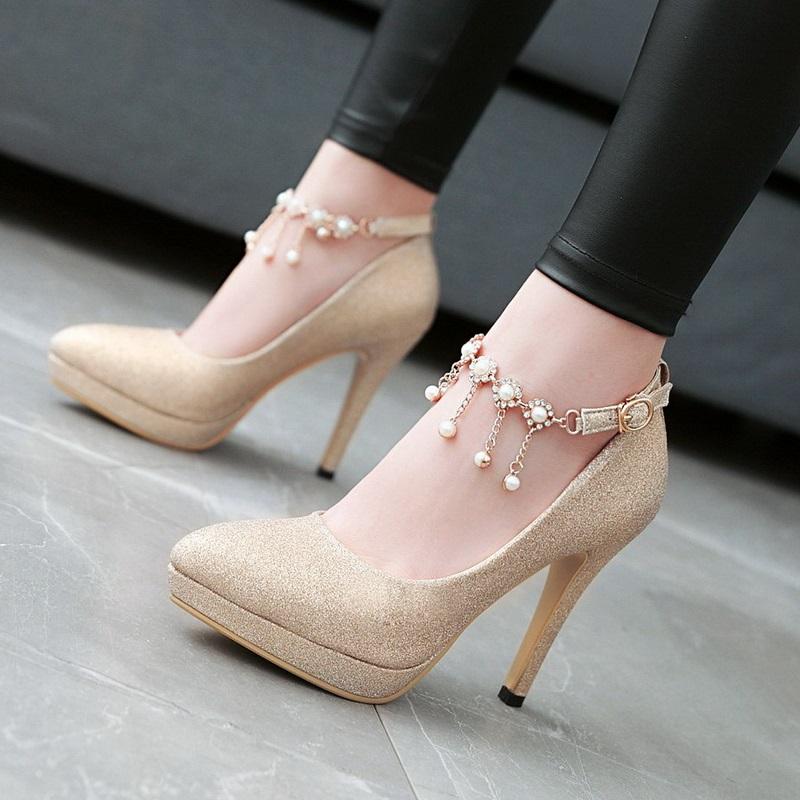 Smart High Heel Ankle Strap String Bead Pump Shoes