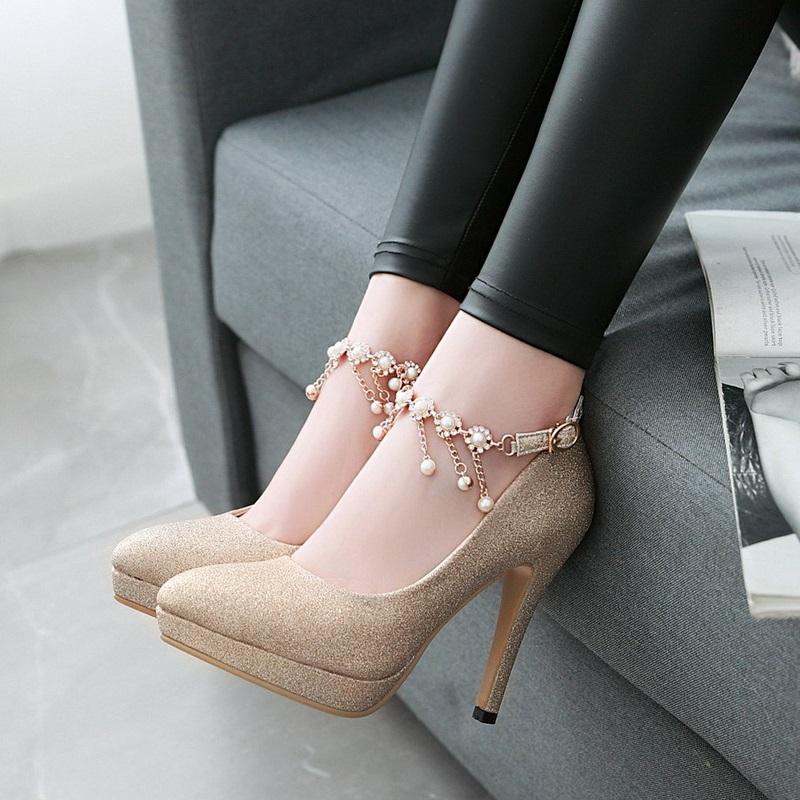 Smart High Heel Ankle Strap String Bead Pump Shoes