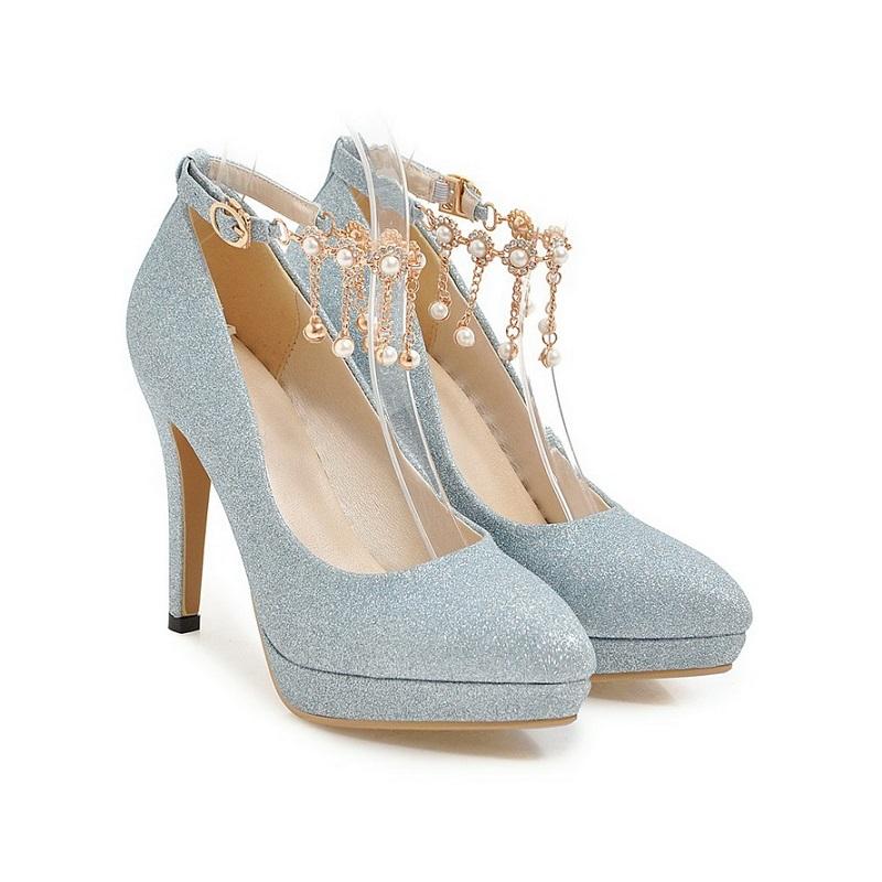 Smart High Heel Ankle Strap String Bead Pump Shoes