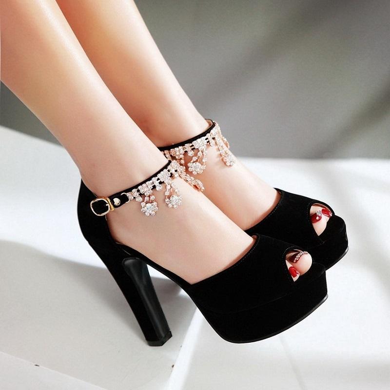 Peep Toe Rhinestone Crystal High Heels Pump Shoes