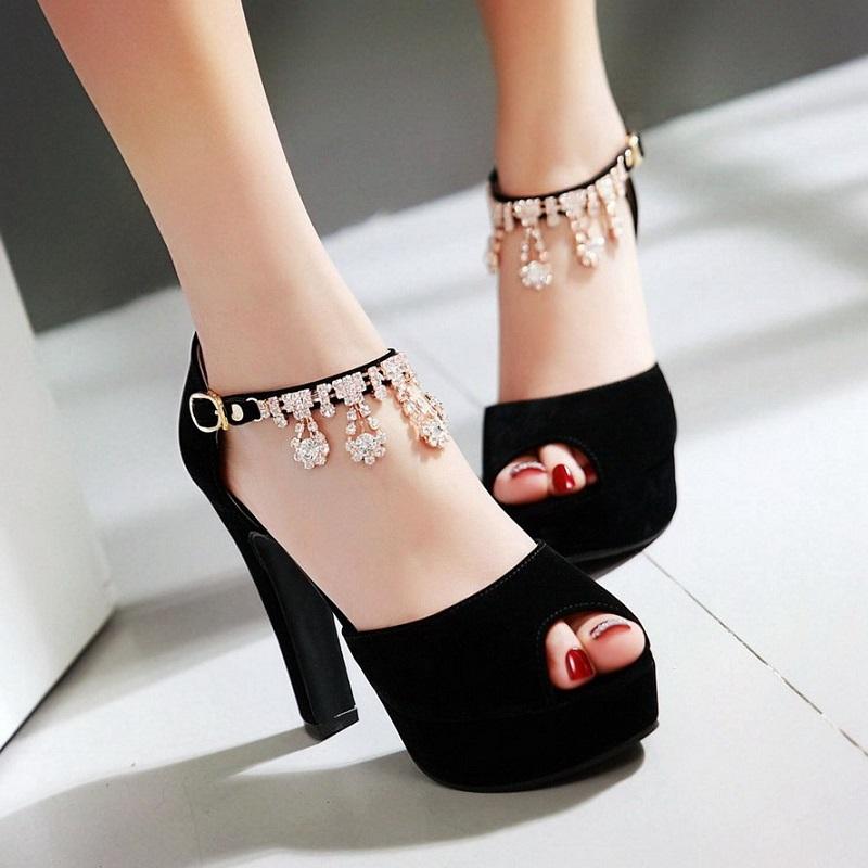 Peep Toe Rhinestone Crystal High Heels Pump Shoes