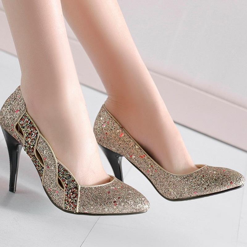 Elegant Pointed Toe Shallow Glitter Bling Heel Pump Shoes