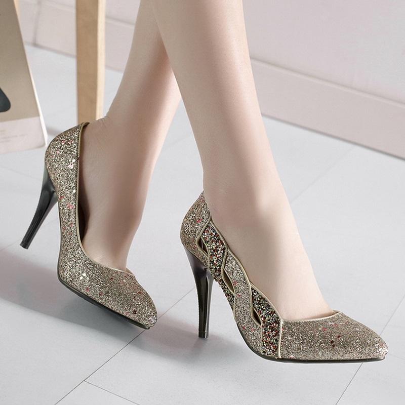 Elegant Pointed Toe Shallow Glitter Bling Heel Pump Shoes