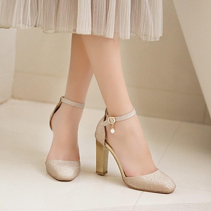 Sexy Glitter Ankle Strap Square High Heels Pumps Sandals