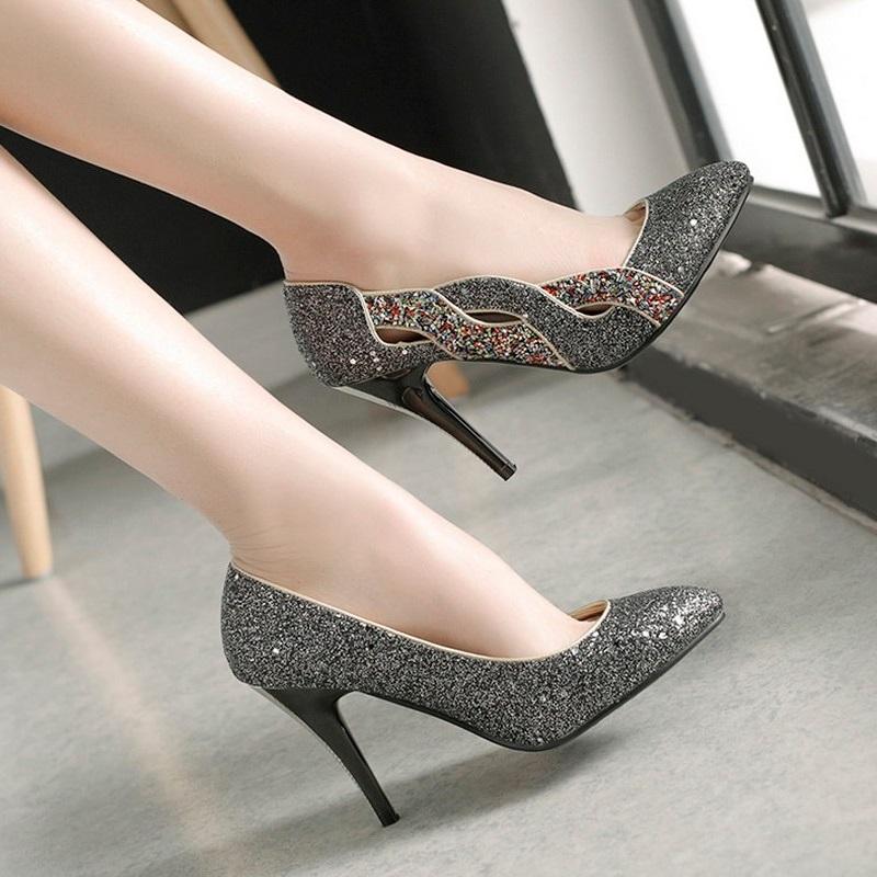 Elegant Pointed Toe Shallow Glitter Bling Heel Pump Shoes