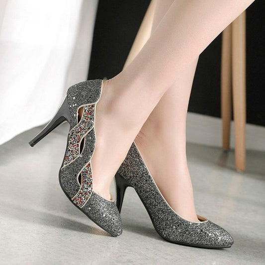 Elegant Pointed Toe Shallow Glitter Bling Heel Pump Shoes