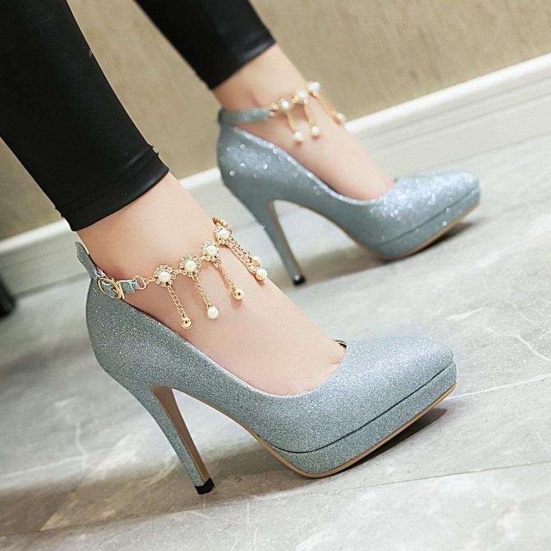 Smart High Heel Ankle Strap String Bead Pump Shoes